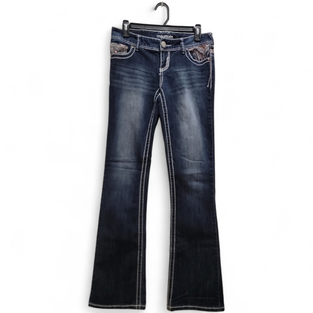 Maurices Dark Indigo Flare Jeans Size 1/2 Reg with Western Style Pocket Designs